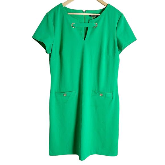 Tommy Hilfiger Kelly Green Short Sleeve Grommet Split Neck Sheath Dress Size 14 - Picture 1 of 10